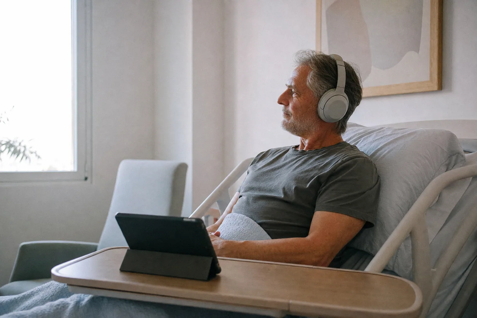 Paciente adulto escuchando con auriculares con un iPad próximo