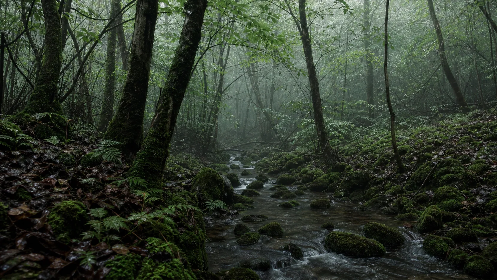 Arroyo entre musgo y árboles en un bosque cubierto de niebla
