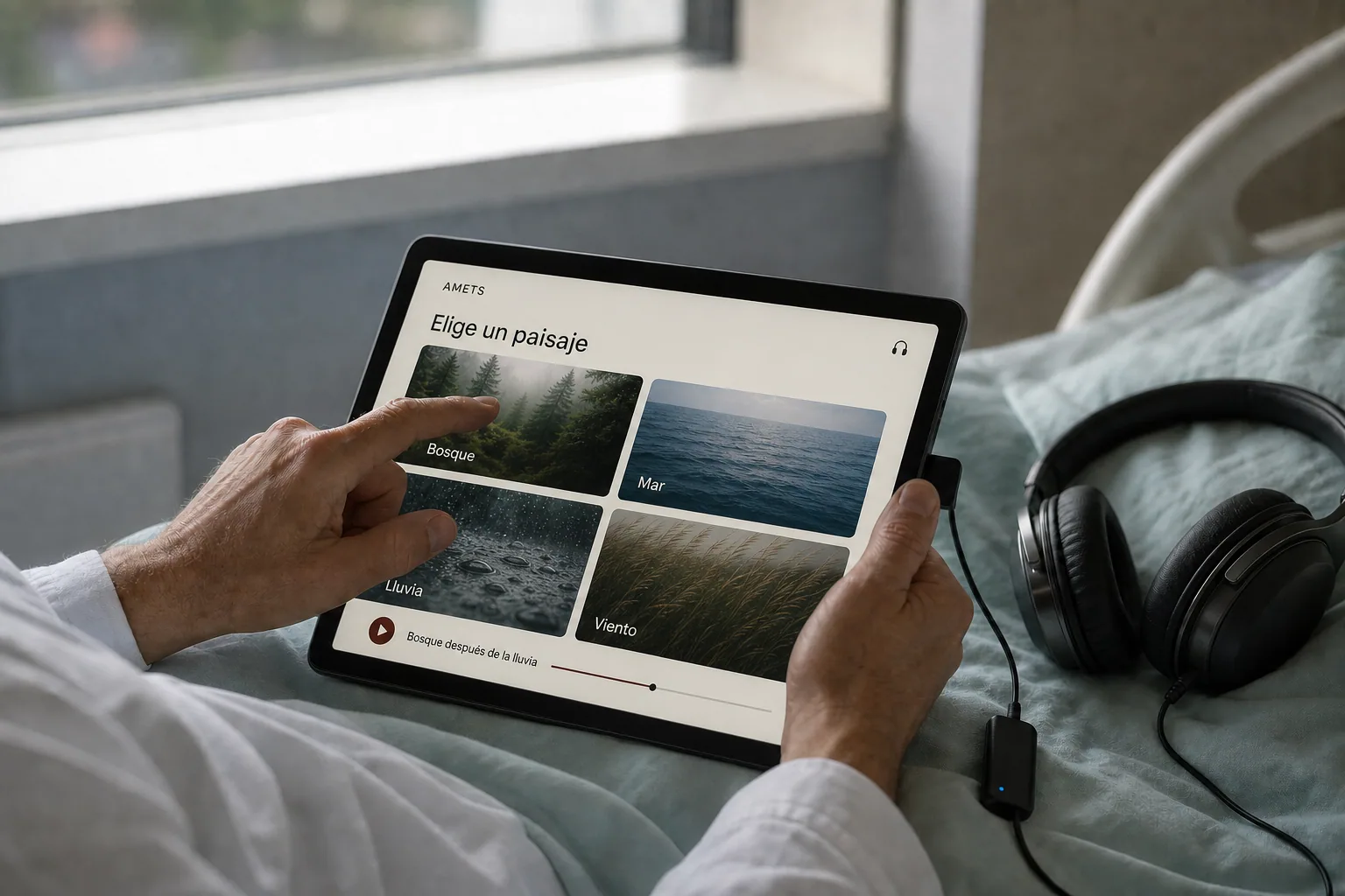 Manos seleccionando un paisaje sonoro en el iPad de AMETS, con los auriculares conectados